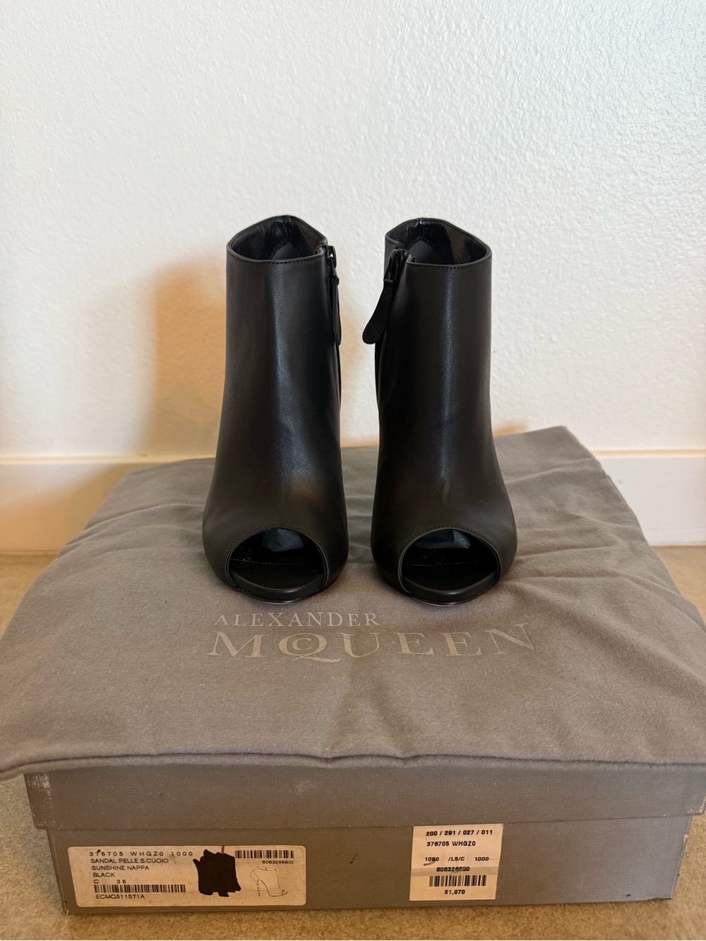 Alexander McQueen Black Leather Peep-Toe Stiletto Booties. 36. Like New. - Picture 4 of 7